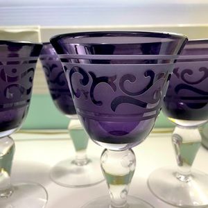 Purple etched water goblet wine glasses